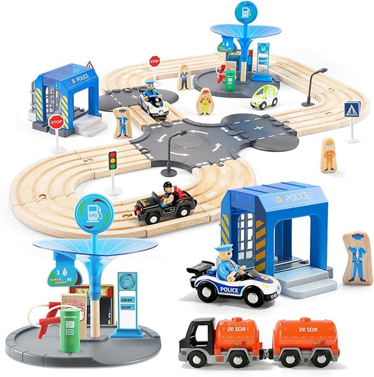 59 Pcs Wooden Train Set for Toddlers, Toy Train with Track for Kids Ages 3-6, Deluxy Double Track City Police Station Railway Playset Gifts for Boys and Girls Ages 3+