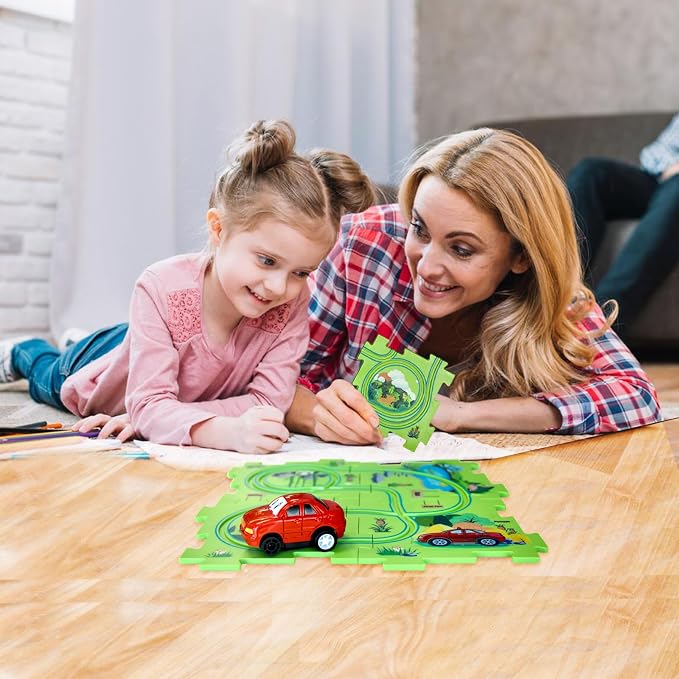4 Year Old Boy Birthday Gift, Puzzle Racer Kids Car Track Set Puzzle Racer Car Track Set with Roadmap Puzzle Track Car Play Set Toys for 4 Year Old Boys (C-Land, Set3-5PCS)