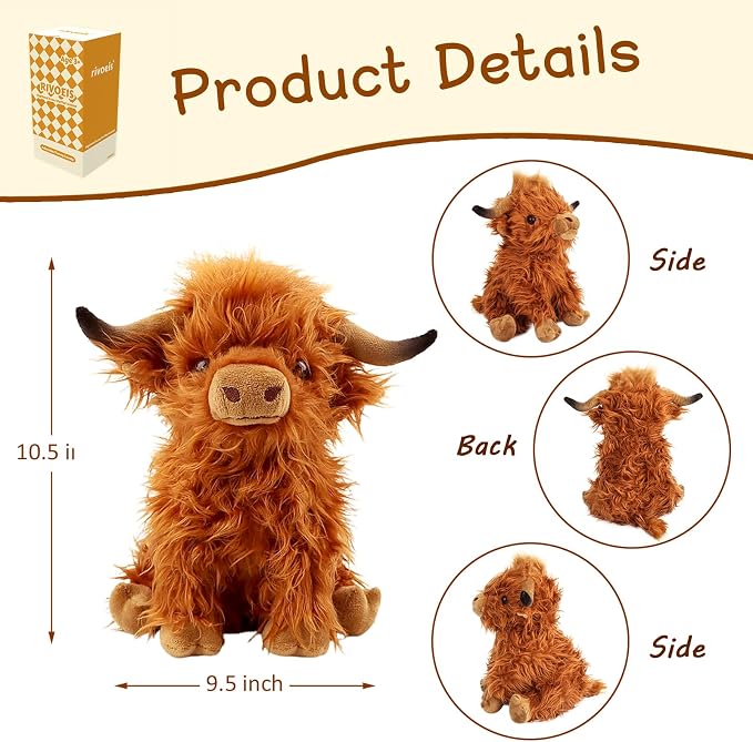 rivoeis 10.5 inches Highland Cows Stuffed Animals, Cute Fluffy Cow Plush Figure Toys Realistic Highland Cattle Plush Decor for Kids Baby Girls Boys