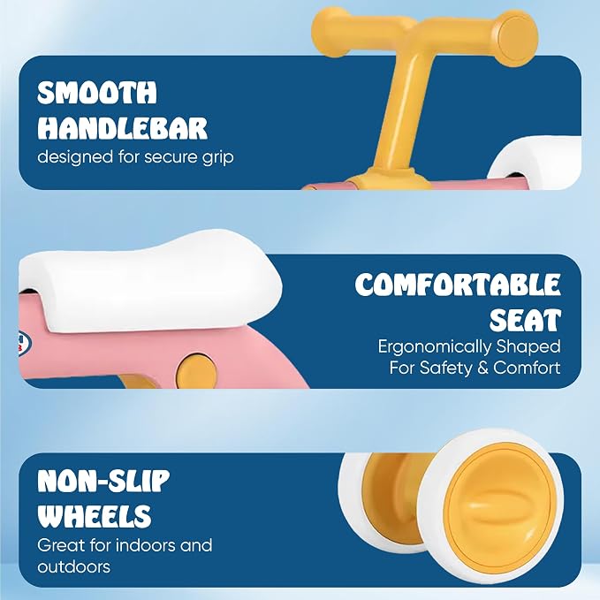 Henry & Colin First Balance Bike for 1 Year Old, 4 Wheel Toddler Bike with Fun Lights & Music, Soft Seat, No-Pedal Ride On Toy, 1st Birthday Gift for Boys & Girls Ages (12–36 Months) Classic Pink