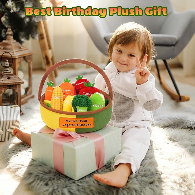 My First Fruit Vegetable Basket Plush, Baby Felt Play Food Set with 8 Pcs Fruit Vegetable Plushies for Toddlers, Montessori Sensory Toy First Learning Baby Birthday Easter Gifts for Boys Girls