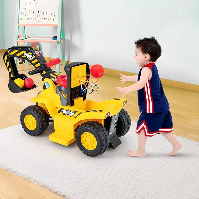 Costzon 6V Ride On Construction Excavator, Outdoor Digger Scooper Tractor Toy W/Safety Helmet, Rocks, Horn, Underneath Storage, Moving Forward/Backward, Pretend Play Ride On Truck (6V)