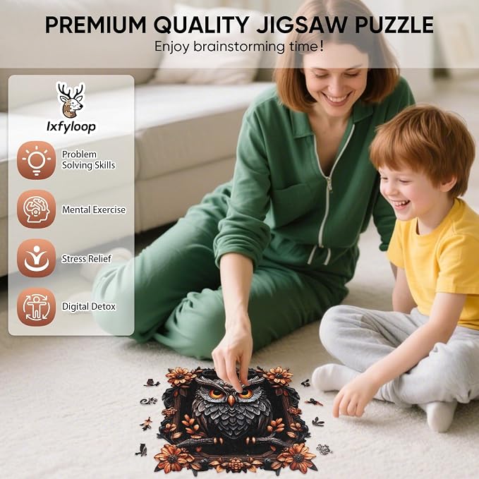 Ixfyloop Owl Puzzles for Adults, Fall Wooden Jigsaw Puzzles 209pcs with Storage Box, Irregular Unique Shaped Animal Adult Puzzles, Puzzle Gift for Family Brain Game, 11.2x10.9 inch