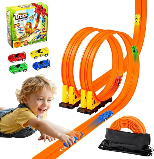 16.4 Ft Flexible Race Track for Kids Outdoor Toys Portable DIY Roll-Up Flex Race Car Track Compatible with Diecast 1/64th Cars Birthday Gifts Easter Basket Stuffers for Kids Boys Girls Ages 3+