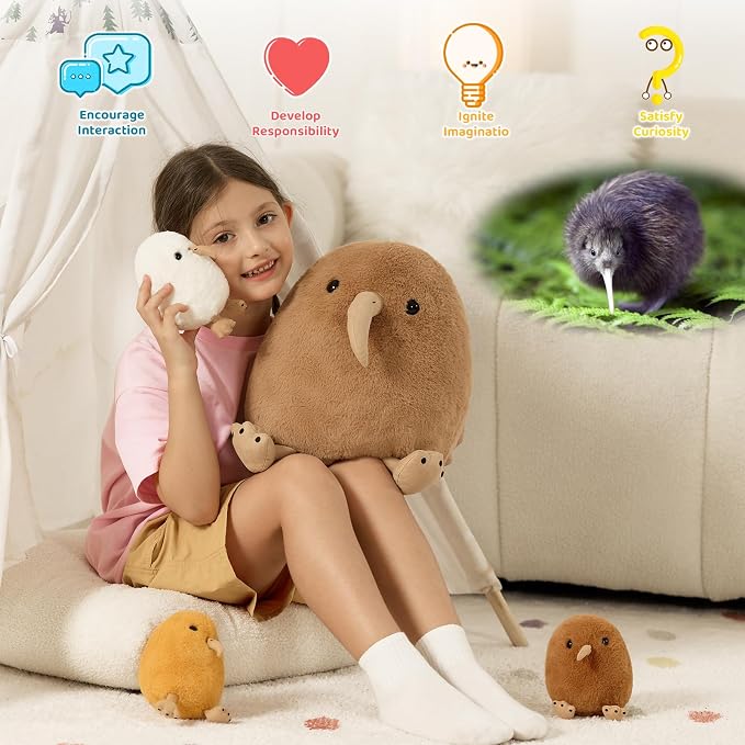 MorisMos Plush Kiwi Bird Toys for Kids, Realistic Mommy Kiwi Bird Stuffed Animal with 3 Baby Chicks, Soft Machine Washable Plush toy, Educational & Role Playset Gift for Birthday Baby Shower Christmas