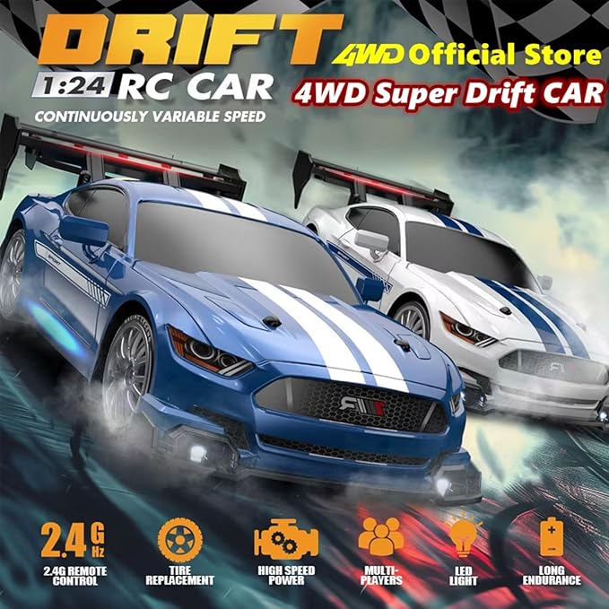1:24 Scale RC Drift Car 4WD 2.4GHz 30KM/H High Speed Racing Sport Toy Car with LED Lights, Racing and Drift Wheels (8601-Red)