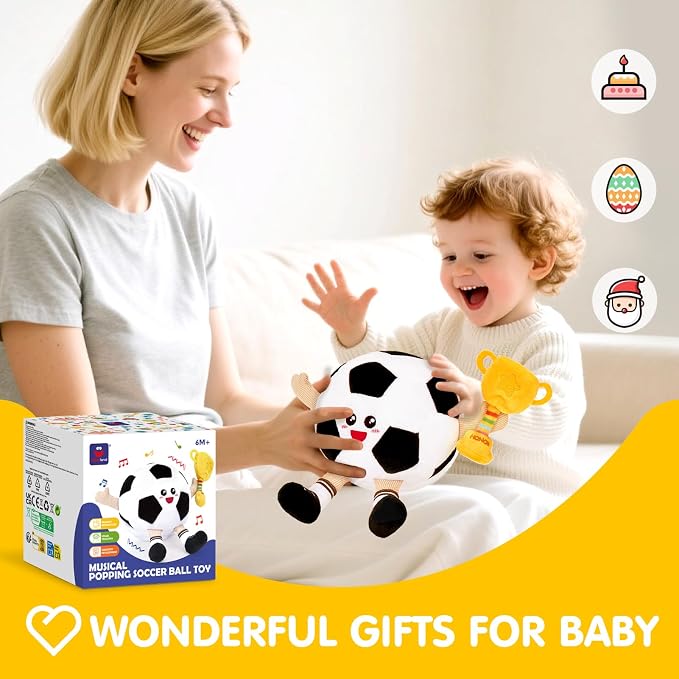 hahaland Musical Baby Soccer Toy for 6-9-12 Month, Plush Tummy Time Ball Toys, Electric Bouncing Infant Toy, Multi-Sensory Stimulation Crawling Talking Early Education Gift for 1 Year Old Boy Girl