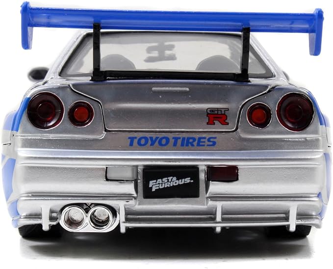 Jada Toys Fast & Furious Brian’s 2002 Nissan Skyline R34 Die-cast Car, 1:24 Scale, Silver & Blue
