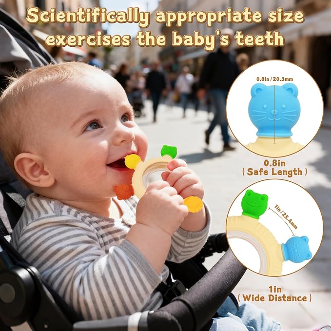 Baby Teething Rings Rattle Toys for 0-6 Months Baby Silicone Teether Relief Sooth Chew for Babies 0 3 6 9 12 Months Newborn Essentials Sensory Colorful Animal Teething Ring Infant Gift