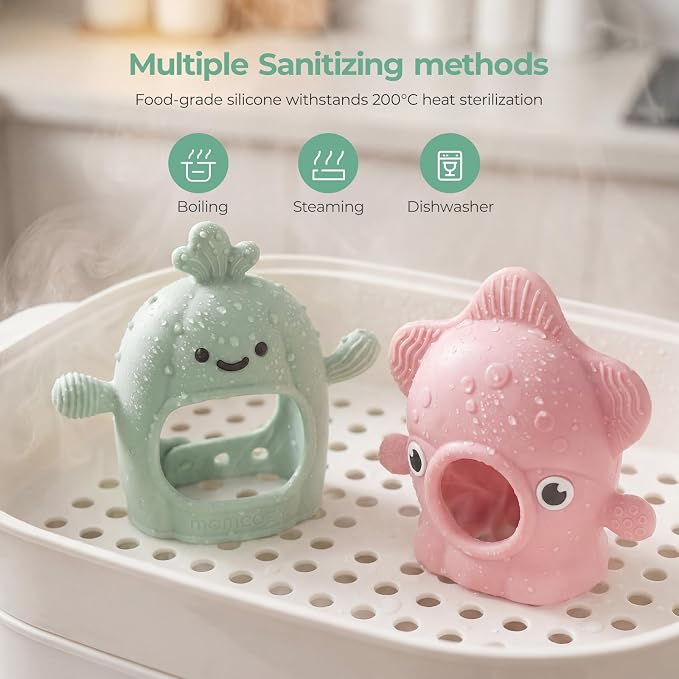 Momcozy Baby Teething Toys, Food Grade Silicone Baby Teether，Teething Mitten for Babies 0–6 Months，Teethers for Babies 6–12 Months，Anti Drop Wrist Teether, 200°C Heat-Resistant，Soft Pink