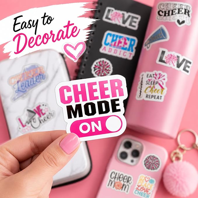 QTL Cheer Stickers for Girls Teens, Cheerleading Party Supplies, Waterproof Vinyl Stickers for Water Bottles Laptop, 60PCS