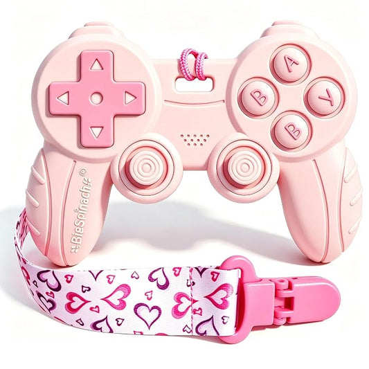 Cool Remote Game Control Teething Toy for Babies 0-6 6-12 Months,Game Controller Teether for Gamer Parents,Baby's First Valentines Day Gifts,Silicone Remote Chew Toys（Pink