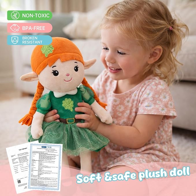 Soft Elf Plush Doll 16inch,Cute Lucky Fairy Doll First Baby Doll, Stuffed Toy with Green Dress, Ideal Gift for Toddlers Infants Kids Birthday St. Patrick's Day