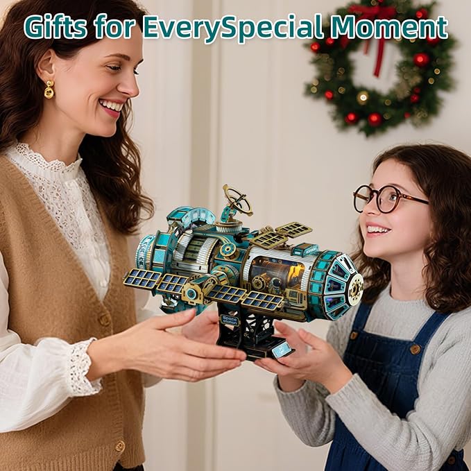 3D Wooden Puzzles International Space Station Model - Collectible Display Model with Interlocking Design, Motorized Solar Panels, Radar & Thrusters, LED Light Effects(Celestigon Station)