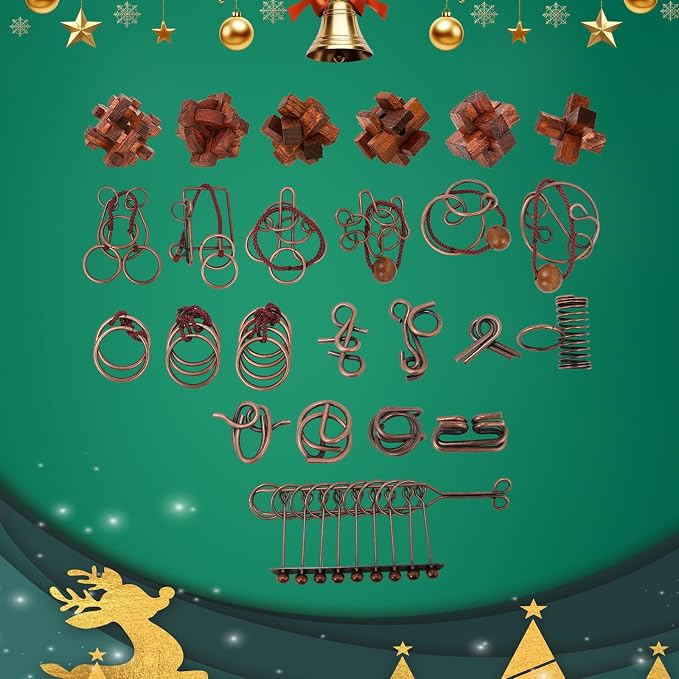 24 Pcs Brain Teaser Puzzles for Adults - Metal & Wooden 3D IQ Test Logic Game, Unlock Interlocking Brain Puzzle Toys for Teens Kids, Smart Educational Desk Toy for Mind Challenges