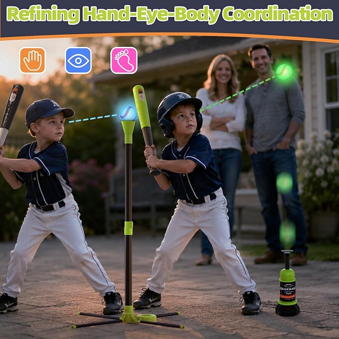 4-in-1 LED Baseball Set for Kids, Adjustable Height Hanging Tee Set with 2 Bats, Teeball Hitting Stand, Ball Launcher, Toss and Catch Ball Set, Sport Toys Outdoor/Indoor for Toddlers Boys Girls