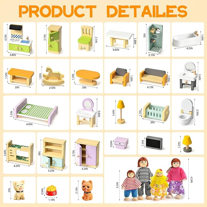 HAPGFS 36PCS Wooden Dollhouse Furniture Set with 4 Flexible Family Dolls - 5 Room Realistic Doll House Accessories for Toddlers 3 4 5 6, Pretend Play Toys Gift for Birthday and Christmas