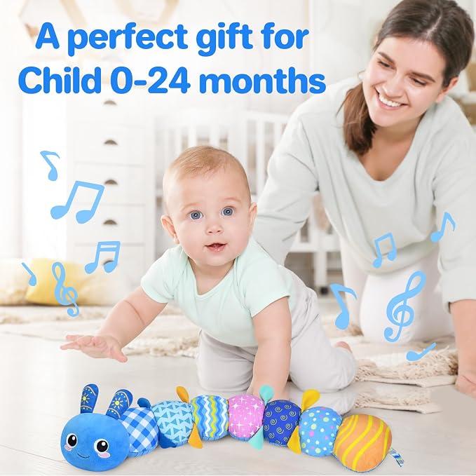 KMUYSL Baby Sensory Caterpillar Toys for 0-6 6-12 Months, Soft Plush Activity Toy with Crinkle, Rattle & Gentle Music, Tummy Time Toy for Infant Newborn, Early Development Toy Shower Gifts for Baby