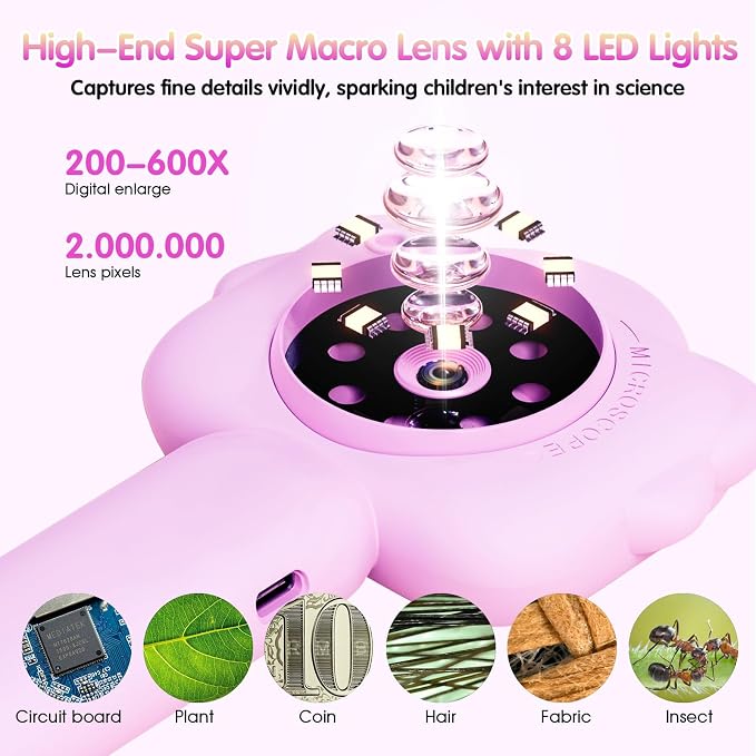 Microscope for Kids, Kids Microscope with Sample Slide, Educational Science Kit, Macro Fixed Focus Kid Mini Microscopes 500x Magnification, 32GB SD Card Include(Purple)