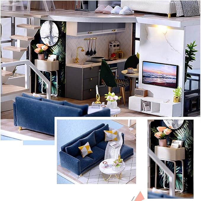 Lannso DIY Dollhouse Miniature Wooden Furniture Kit, Doll House Kit with Dust Proof Cover Music Box, Mini Handmade Wooden Dollhouse Toys for Adult Gift(L32)