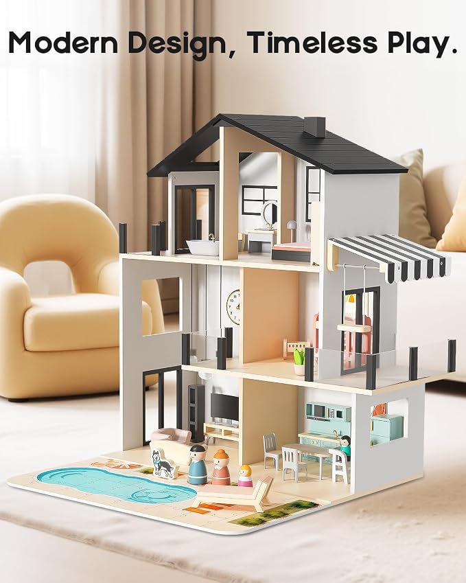 BIERUM Wooden Dollhouse, Large Modern Doll House with 44Pcs Furniture Accessories, Dolls & Pets, DIY Puzzle Pool Yard, Wood Dollhouse Toy for Toddlers 3+, Ideal Gift for Boys and Girls (Black)