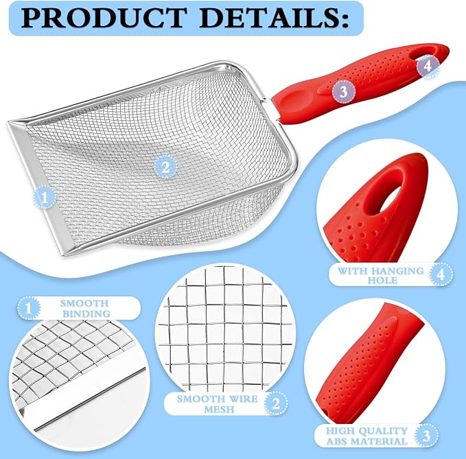 Beach Mesh Shovel and Shell Bag Set, Shark Tooth Sifter Dipper with Mesh Beach Bags for Shell Collecting, Kids Sand Filter Scooper Toys for Toddlers Shelling Picking Up (Red)
