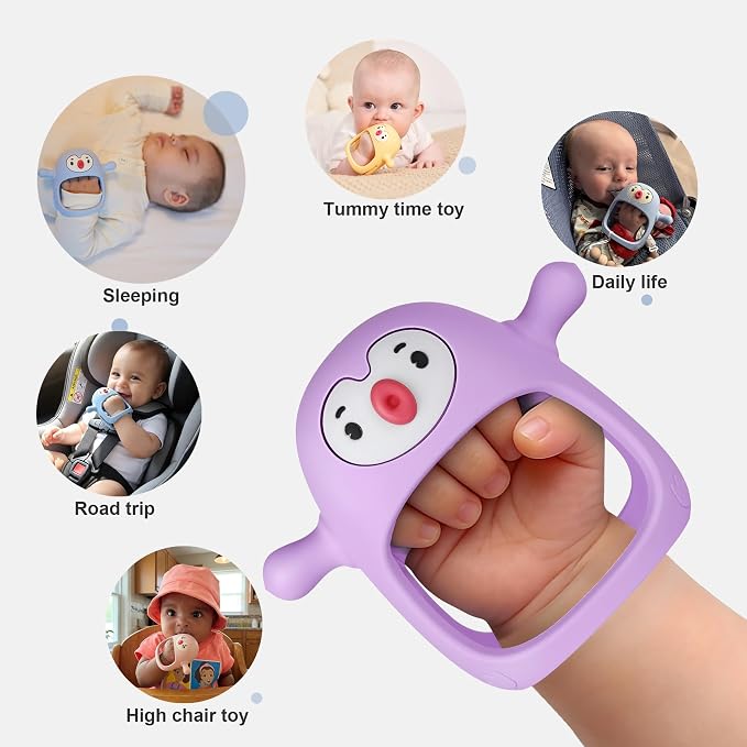 Smily Mia 2pack Penguin Teether for Babies 0-6Month, Infant Teething Toys,Pacifiers for Breastfed Babies, Silicone Teething Mittens for 3-6Months, Perfect Shower Gift+Baby Registry, Pink&Purple