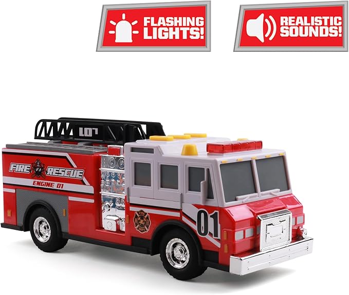 Mighty Fleet Rescue Force 12" Fire Truck Ladder Toy with Realistic Lights & Sounds, Free Wheeling Play & Working Ladder! Ages 3+