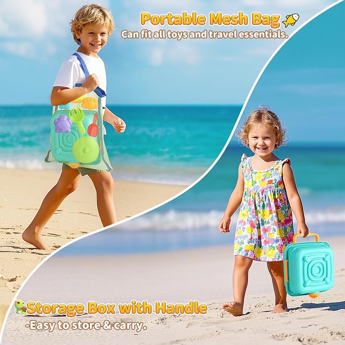 Beach Sand Toys for Toddlers, Seaside Sand Cooking Play Set, Kids Sandbox Toys with Sand Molds and Shovels, Mesh Bag, Baby Boys Girls Outdoor Toys Travel Beach Essentials