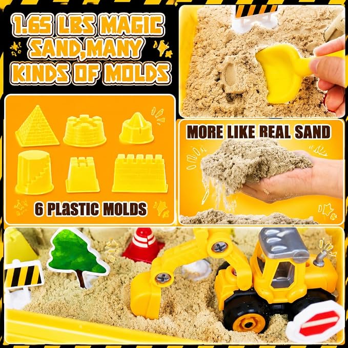 Carolart Construction Sensory Bin, Mess-Free Sandbox Playset with Glow in The Dark Stones, Play Sand with Toy Excavator and Bulldozer, Sensory Sand Activity Kit, STEM Gift for Boys Girls Ages 3-8
