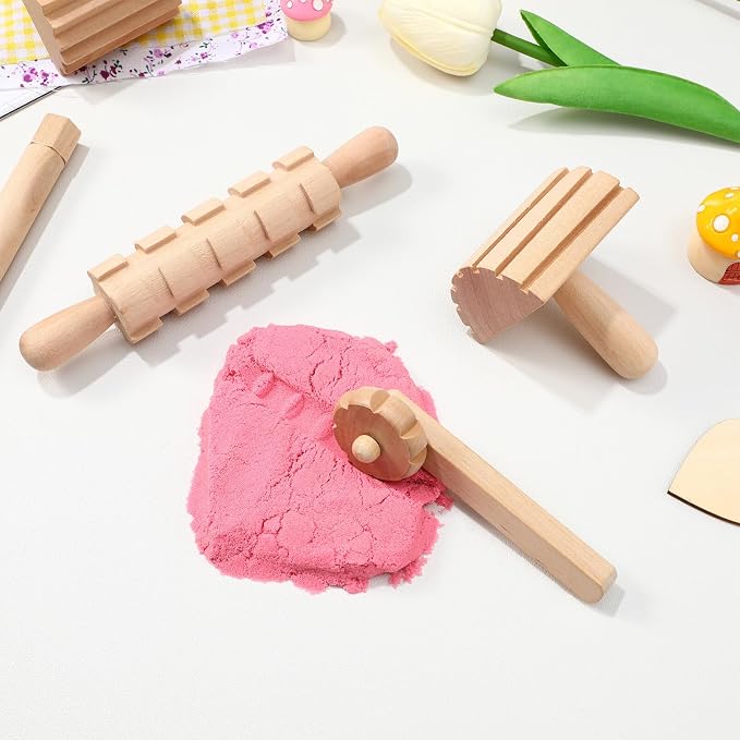 NUOBESTY Wooden Clay Tools Kids Wood Stamps Hand Rollers Plasticine Tools Pottery Molding Clay Accessories for Art DIY Crafts Activities 12pcs