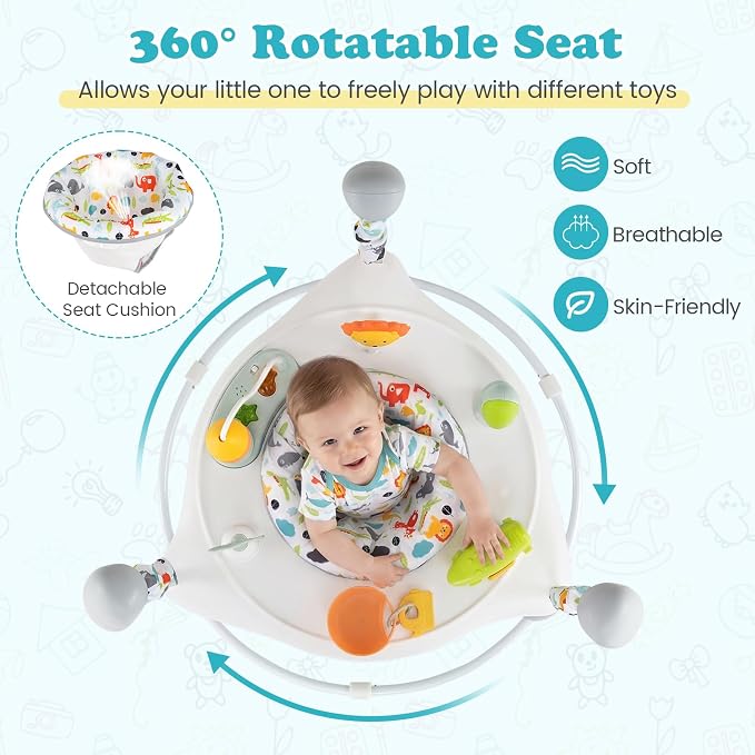 BABY JOY Baby Activity Center, Baby Jumpers and Bouncers with Music, 360° Rotating Seat, 3 Adjustable Heights, Montessori-Inspired Activity Center for Baby 7-15 Months (White)