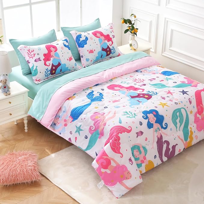 Wajade Kids Mermaids Comforter Set Bed in A Bag Twin Size 7 Piece Colorful 3D Cartoon Mermaids Bedding Set for Girls (1 Comforter, 1 Flat Sheet, 1 Fitted Sheet, 2 Pillowcase and 2 Pillow Sham)