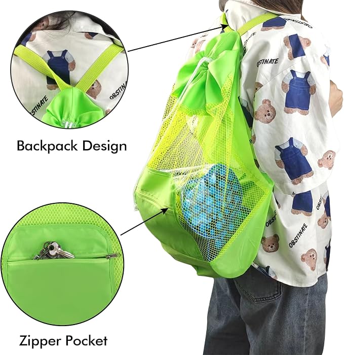 INVODA Mesh Beach Bag Drawstring Beach Backpack Foldable Toy Organizer Bag Shell Adjustable Straps Large Capacity Swim Bag