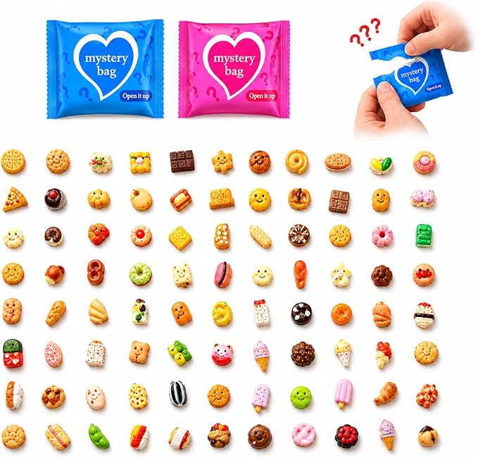 100 PCS Mystery Bag Mini Resin Food Blind Bags, Cute Tiny Food Figurines Surprise Box Toys for Kids, Dessert Snack Collectibles for Party Favors Classroom Prizes Goodie Bag Stuffers Dollhouse Decor