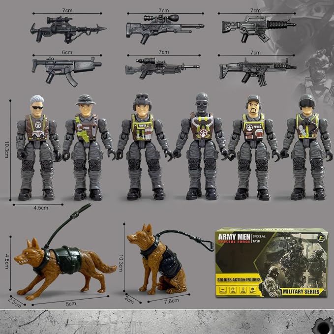 Army Men Action Figures, Toy Soldiers for Boys 4-7 6-8, Plastic Army Men Toys with 2 Dog Figures 6 Weapons Birthday Gift for Kids Boys Military Collectors