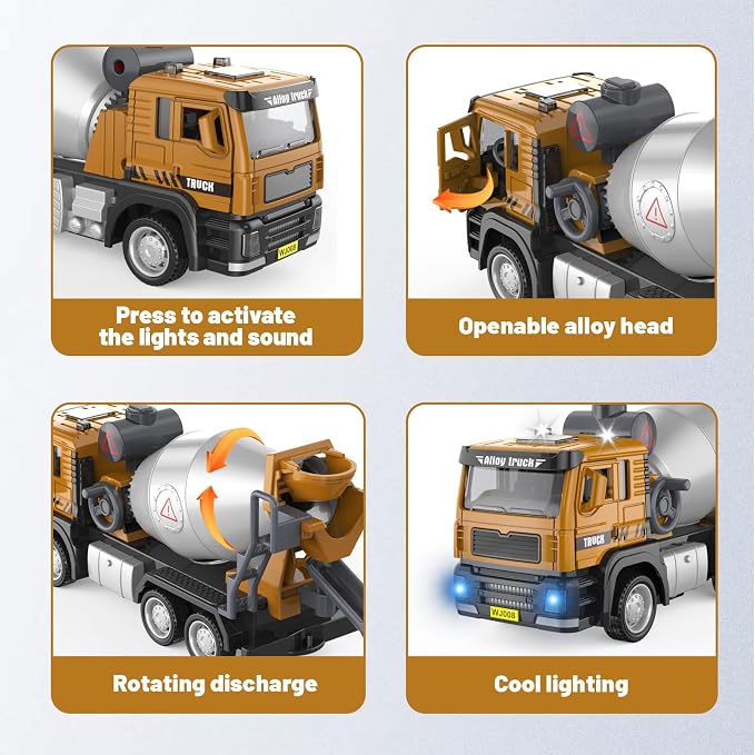 4-Pack Die-Cast Construction Vehicle Set, 1:50 Dump Truck, Road Roller, Cement Mixer & Concrete Pump Truck, Realistic Functional Toys for Kids 3-9