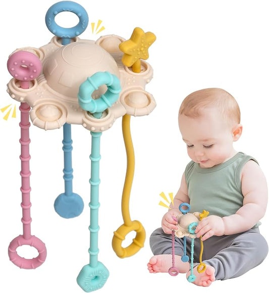 Montessori Pull String Toy Silicone Travel Toy | Food Grade Silicone Early Development Toy, Fine Motor Skills Sensory Toys, Montesorri Gifts (Cream Color)