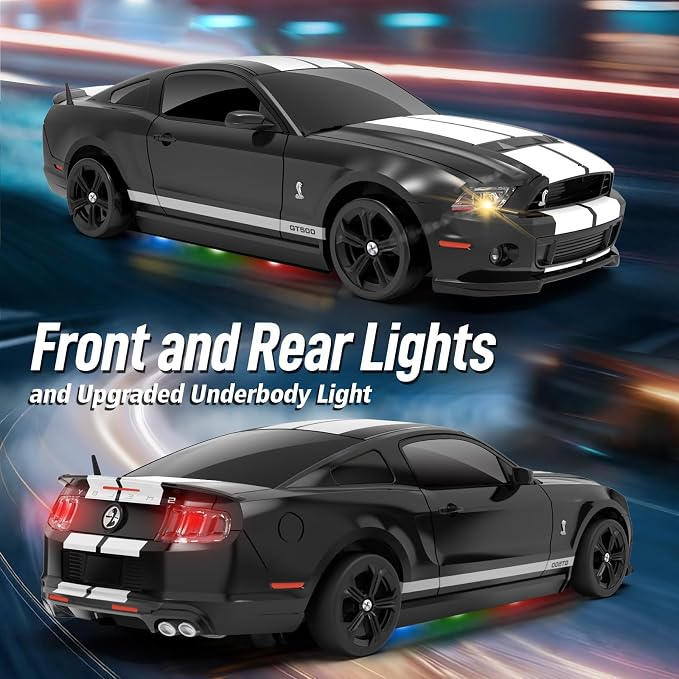 YONCHER RC Drift Car, Remote Control Car for Kids Ford Mustang Shelby GT500 Officially Licensed, 1:24 20KM/H 4WD with Lights, Fast Racing Toy Car for Boys Girls, Black