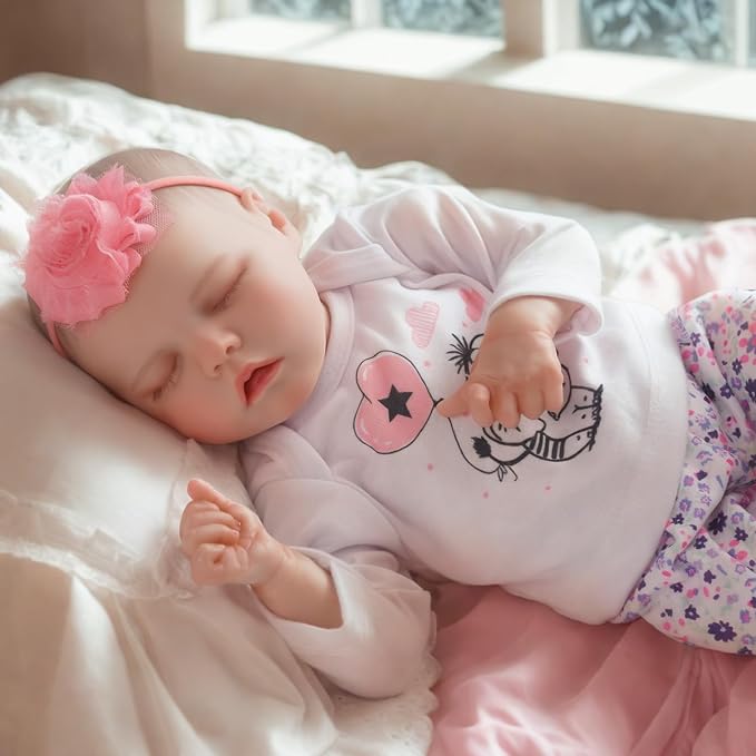 JIZHI Lifelike Reborn Baby Dolls Girl, 17 Inch Real Baby Doll Soft Body Realistic Newborn Vinyl Silicone Baby Doll Full Body Poseable Real Life Baby Dolls with Feeding Kit Gift Box for Kids Age 3+
