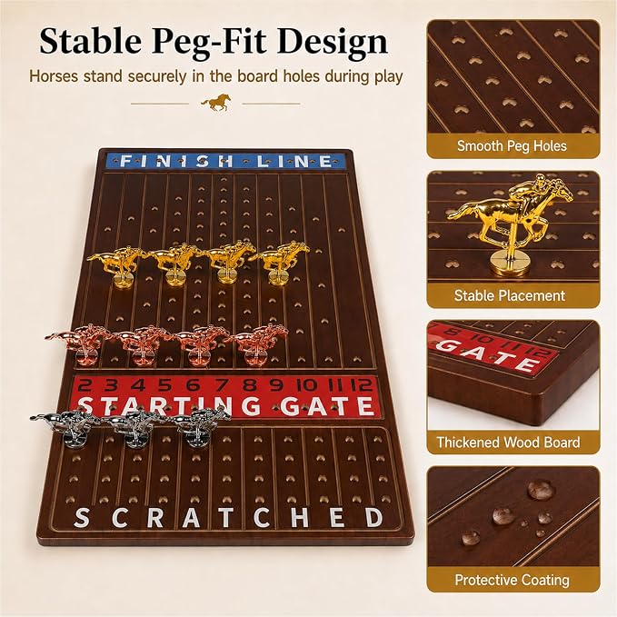 Jyquorp Horse Race Board Game Wooden Kentucky Derby Party Game Set with 11 Metal Horses, 2 Dice & 2 Card Decks, Large Solid Wood Horse Racing Board Game for Family & Adults (15.6" x 10")