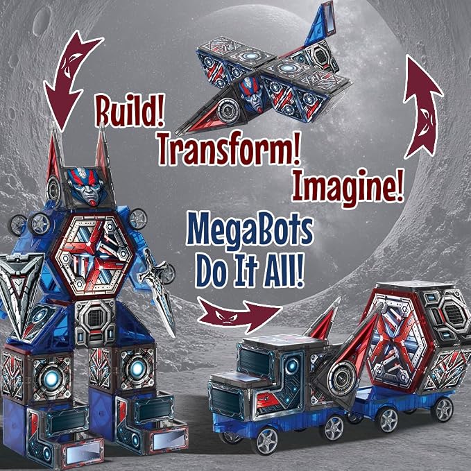 Little Pi Magnetic Tiles MegaBots 58 PCS | Heroic Transformation Robots with Sword & Shield | STEM Creative Building Play for Kids Age 3 4 5 6 7 8
