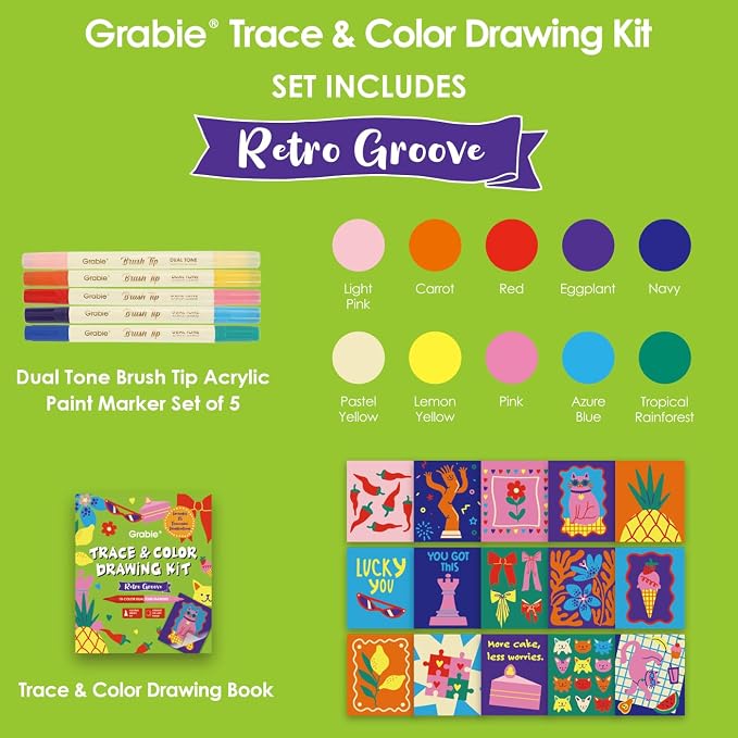 Grabie Trace and Color Drawing Kit, Beginner Friendly All-in-One Tracing Art Set with Acrylic Dual Tip Markers, 15 Pre-Printed Designs, Vellum Paper, Creative Hobby Kit, Artist Collaboration Yeti