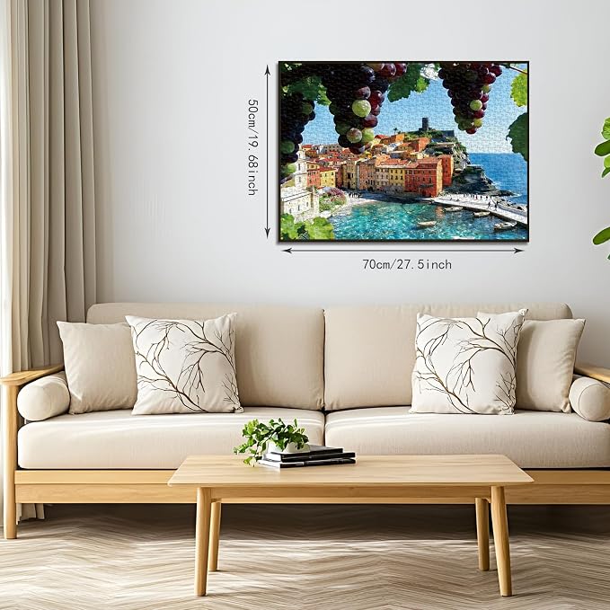 1000 Piece Jigsaw Puzzle for Adults, Summer Sea of Glass Puzzles | Italian Riviera Coastal Village with Grapes, Mediterranean Landscape Wall Decor & Travel Lover Gift, 27.56 x 19.7 Inches