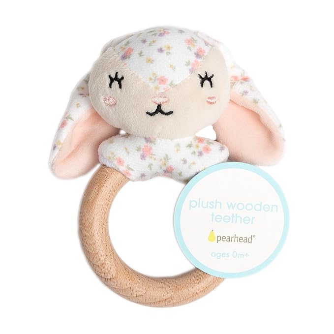 Pearhead Bunny Wooden Baby Teether – Soft Plush Lovey with Floppy Ears & Natural Wood Rattle Ring, BPA-Free, Soothes Infant Gums, Multi-Sensory Newborn Essential for Girls, Pink Floral, 0+ Months
