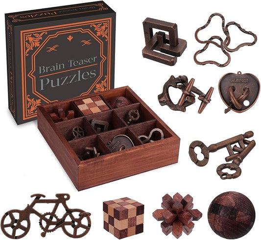 9 Pcs Brain Teaser Puzzles for Adults Teens - Brain Teaser Puzzles with Wooden Box 3D Puzzle Game Toys for Adults Teens - Unlock Interlocking Puzzle Adults Teens IQ Education Smart Toys