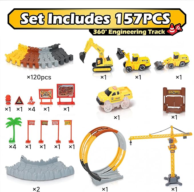 157 PCS Construction Race Tracks for Kids, Glow in The Dark Magic Toy Set with 360° Loop Ramp, 1 Light Up Car, 3 Construction Cars, Flexible DIY Track Set, Birthday Gift for 3-9 Year Old Boys Girls