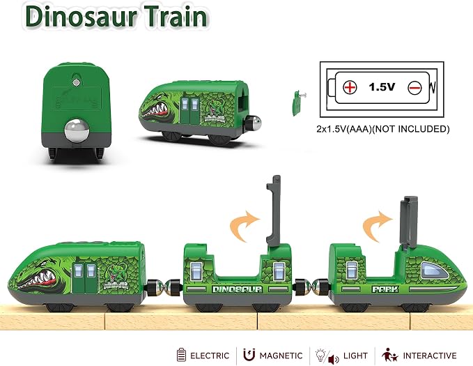 Dinosaur Train for Kids 3-5 – Battery Operated Bullet Train with Opening Doors & DIY Stickers, 3-Car Electric Railway Set Compatible with Thomas & Brio