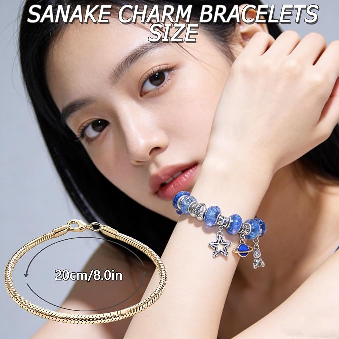 Exway 10 Pcs Snake Charm Bracelet Chain 8.0 Inch Gold Charm Bracelet Kit Snake Chain Bracelets Chain for Christmas DIY Women Jewelry Making Gifts