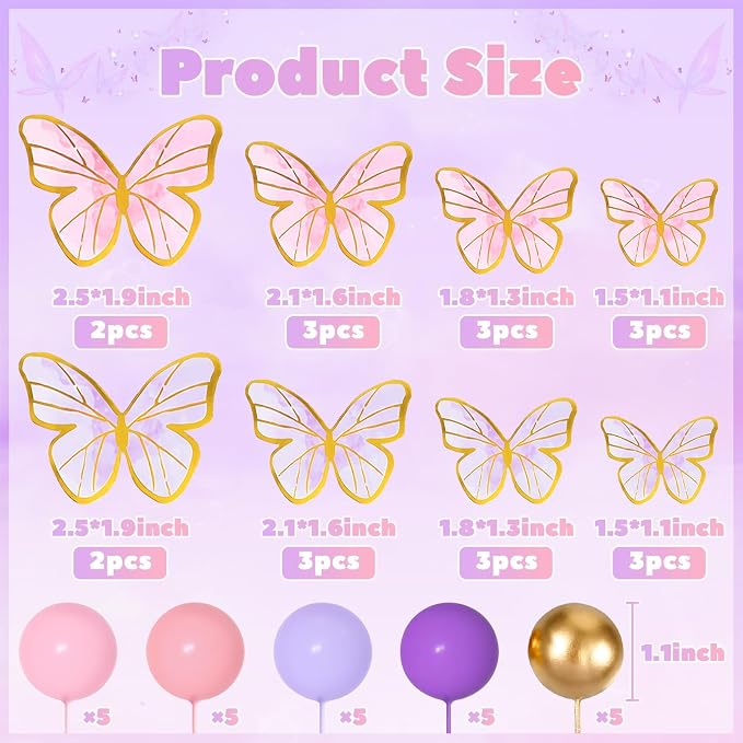 Pink Purple Butterfly Cake Toppers 47Pcs Pastel Balls Cake Toppers Butterflies Cupcake Decoration Balls Cupcake Insert Foam Balloons Cake Topper for Baby Shower Wedding Bridal Shower Party